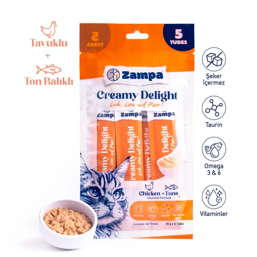 Zampa Creamy Delight Tavuklu ve Tuna Balıklı Kedi Krema Ödül Maması - 16g x 5