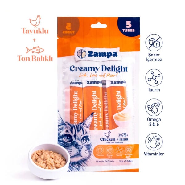 Zampa Creamy Delight Tavuklu ve Tuna Balıklı Kedi Krema Ödül Maması - 16g x 5