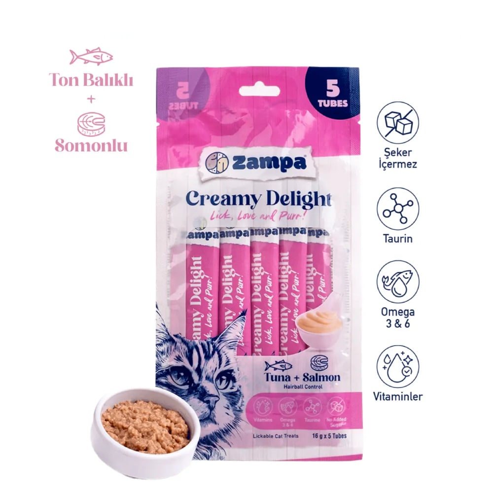 Zampa Creamy Delight Ton Balıklı ve Somonlu Kedi Krema Ödül Maması - 16g x 5