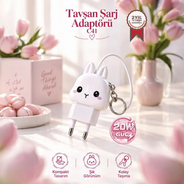 Anahtarlıklı Tavşan Şarj Adaptörü - 20 W - C41 - Torima