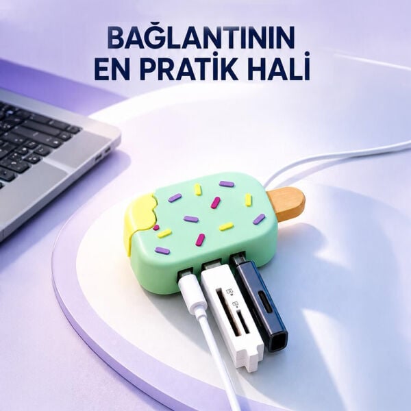 Dondurma Figürlü USB Çoklayıcı -  USB 2.0 + Type-C - YD-45 - Torima