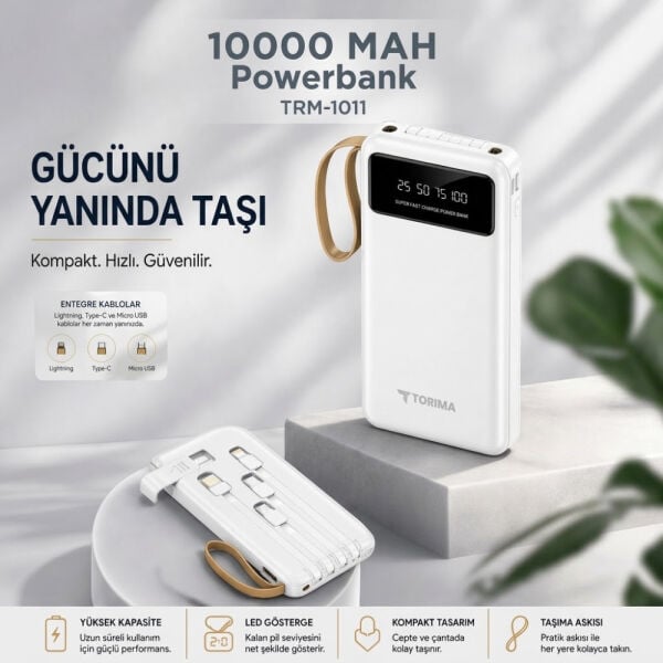 Dijital Göstergeli Kablolu 4 Çıkışlı 10.000 Mah Taşınabilir Powerbank - TRM1011 - Torima