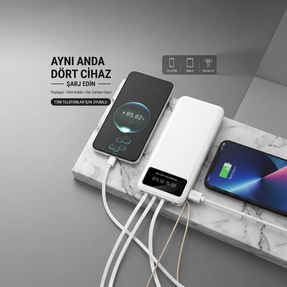 Dijital Göstergeli Kablolu 4 Çıkışlı 10.000 Mah Taşınabilir Powerbank - TRM1011 - Torima