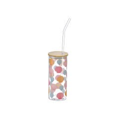 Desenli Pipetli Bambu Kapaklı Cam Bardak - 600 ml