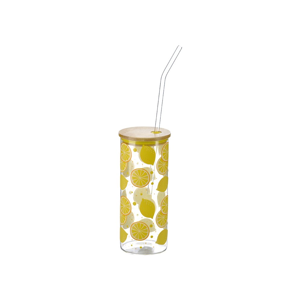 Desenli Pipetli Bambu Kapaklı Cam Bardak - 600 ml Desen 2