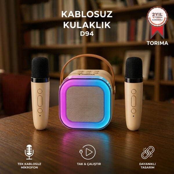 Bluetooth Hoparlör Çift Mikrofonlu RGB Işıklı Karaoke Ses Sistemi - D94 - Torima