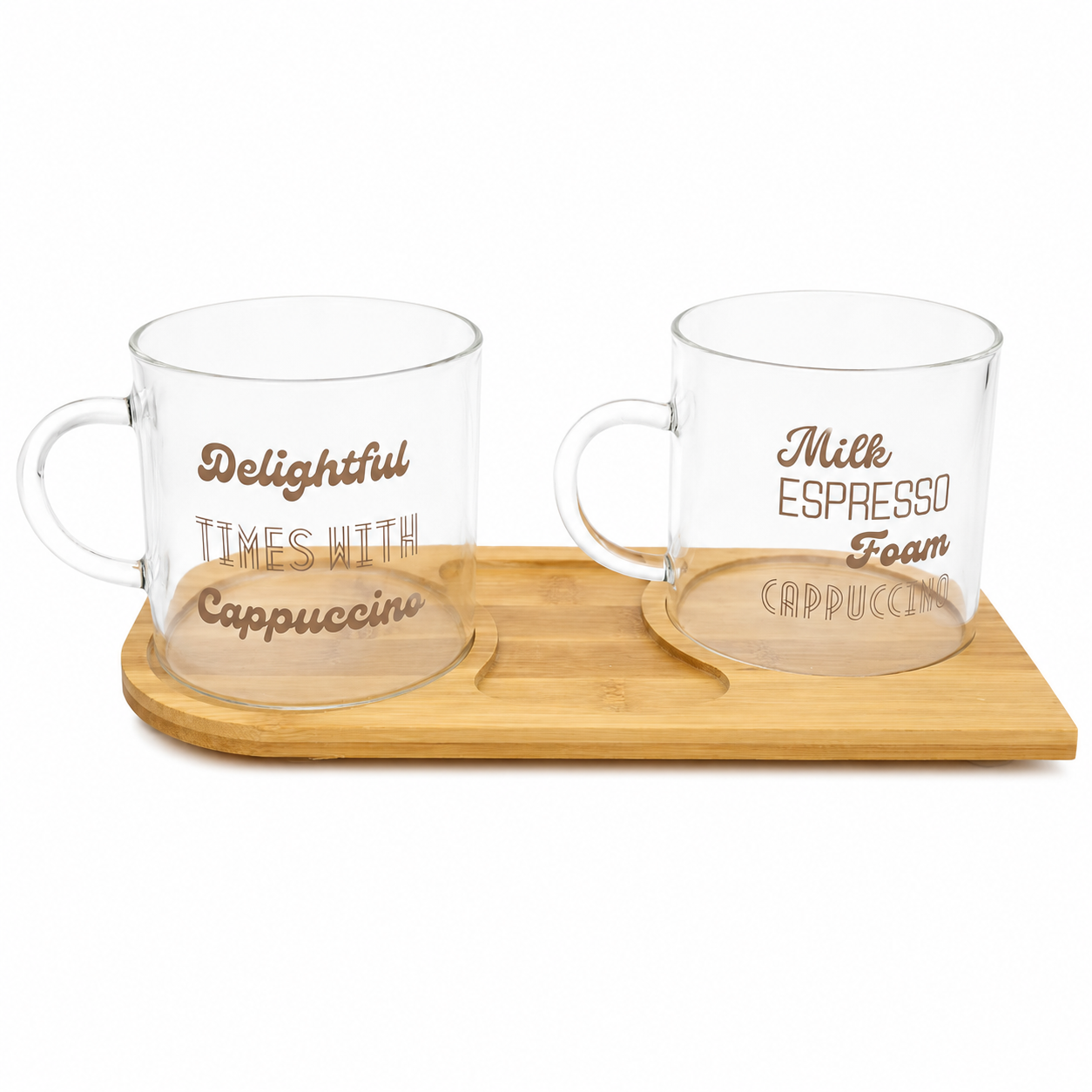 2'li Bambu Tepsili Borosilikat Cam Cappuccino Bardağı Seti