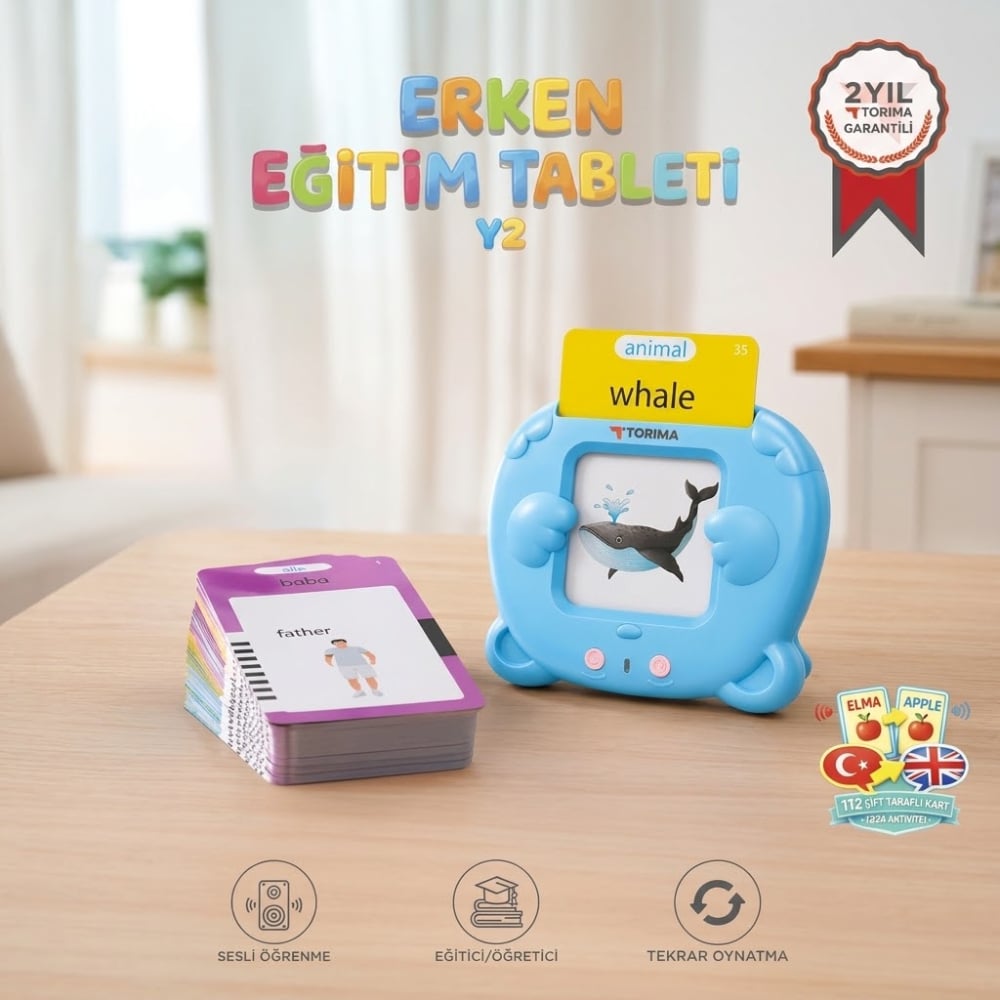 Torima Çocuk Tableti Sesli Erken Eğitim Tableti - 112 Çift Taraflı Kart - Y2 - Torima