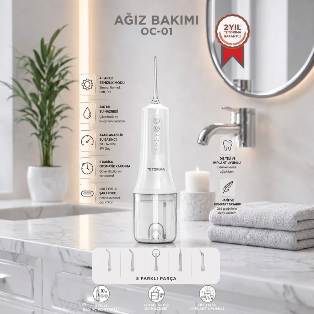 Dijital Ekranlı Şarjlı Ağız Duşu 4 Modlu -  Beyaz - Oc-01