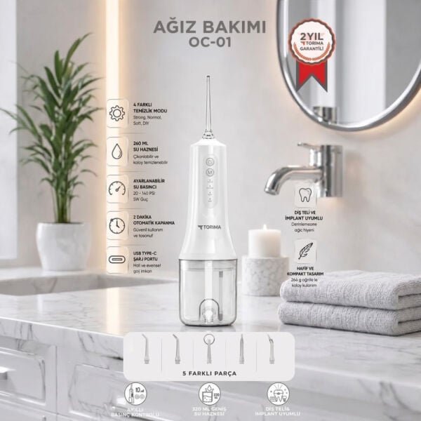 Dijital Ekranlı Şarjlı Ağız Duşu 4 Modlu -  Beyaz - Oc-01