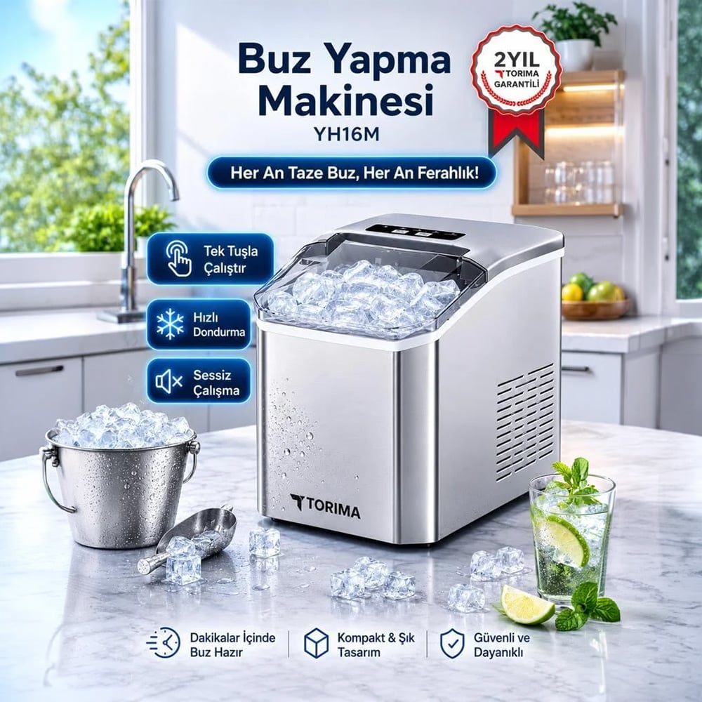 Portatif Taşınabilir Hızlı Buz Yapma Makinesi - YH16M Gümüş - Torima