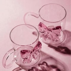 Bow Pembe Fiyonk 2'li 350 ml Borosilikat Kupa - Perotti