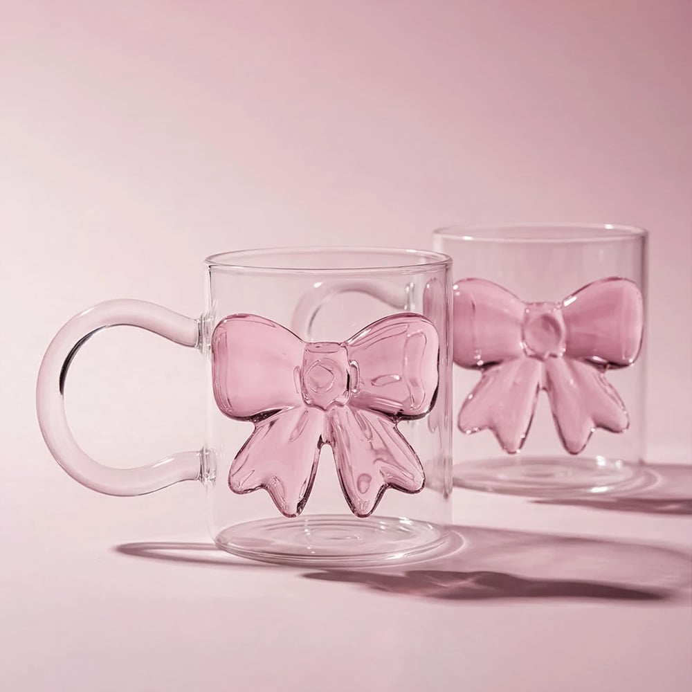 Bow Pembe Fiyonk 2'li 350 ml Borosilikat Kupa - Perotti