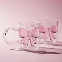 Bow Pembe Fiyonk 2'li 350 ml Borosilikat Kupa - Perotti