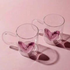 Hearts Pembe Kalpli 2'li 350 ml Borosilikat Kupa - Perotti