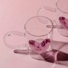 Hearts Pembe Kalpli 2'li 350 ml Borosilikat Kupa - Perotti