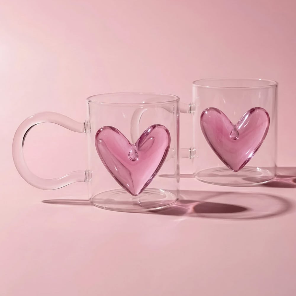 Hearts Pembe Kalpli 2'li 350 ml Borosilikat Kupa - Perotti