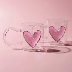 Hearts Pembe Kalpli 2'li 350 ml Borosilikat Kupa - Perotti