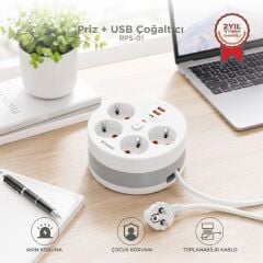 Akım Korumalı Makaralı 3 Port USB Çoğaltıcı Priz - RPS01 - Torima