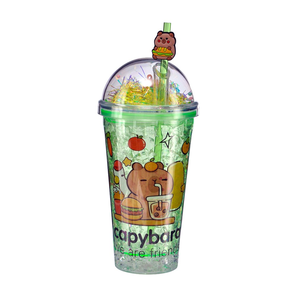 Capybara Figürlü Plastik Pipetli Bardak - 450 ml Yeşil