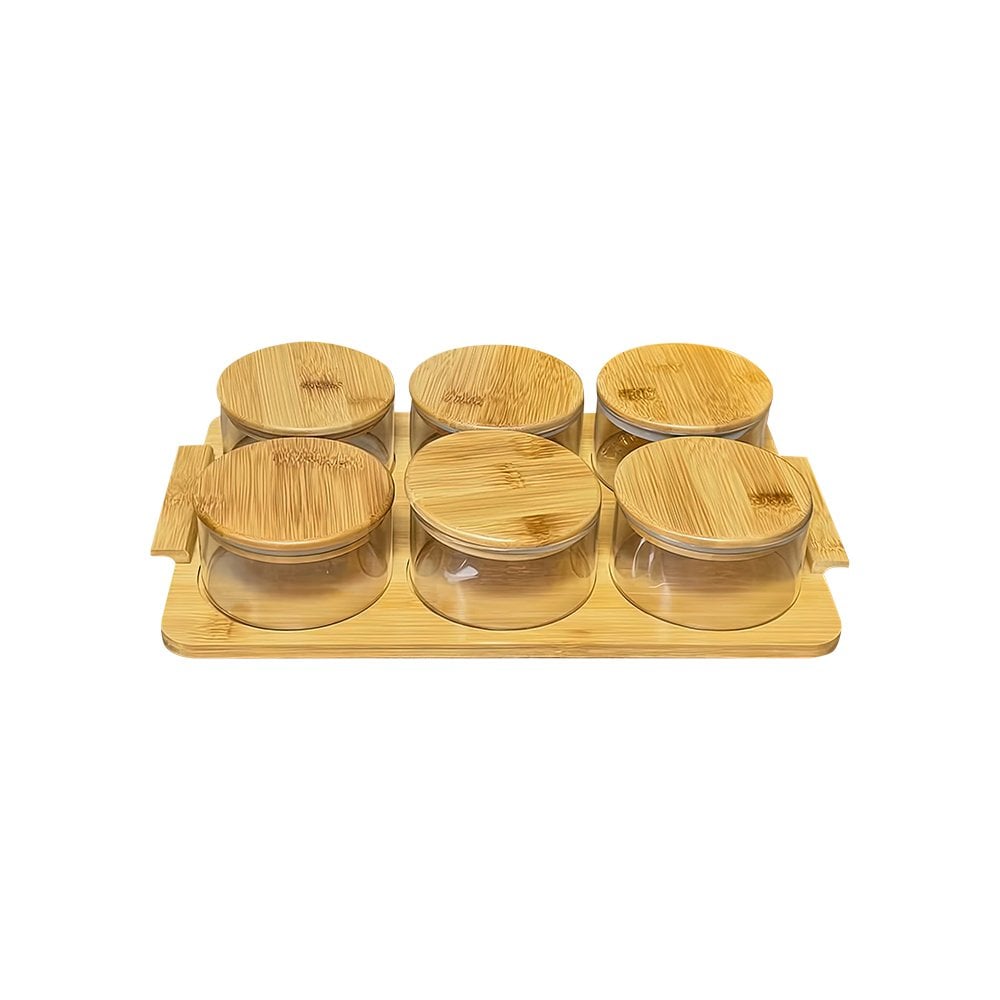 6'lı Bambu Kapak ve Tepsili Cam Kahvaltılık Set