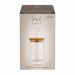 Bambu Kapaklı Pipetli Cam Bardak - 450 ml