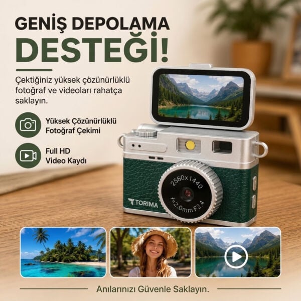 Mini Dijital Kamera 2K Flip Ekranlı Selfie Video Vlog Kamerası - CMR49 - Torima