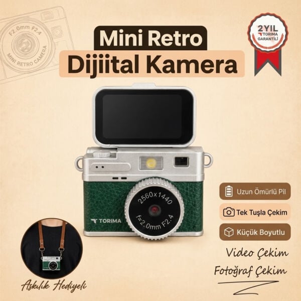 Mini Dijital Kamera 2K Flip Ekranlı Selfie Video Vlog Kamerası - CMR49 - Torima