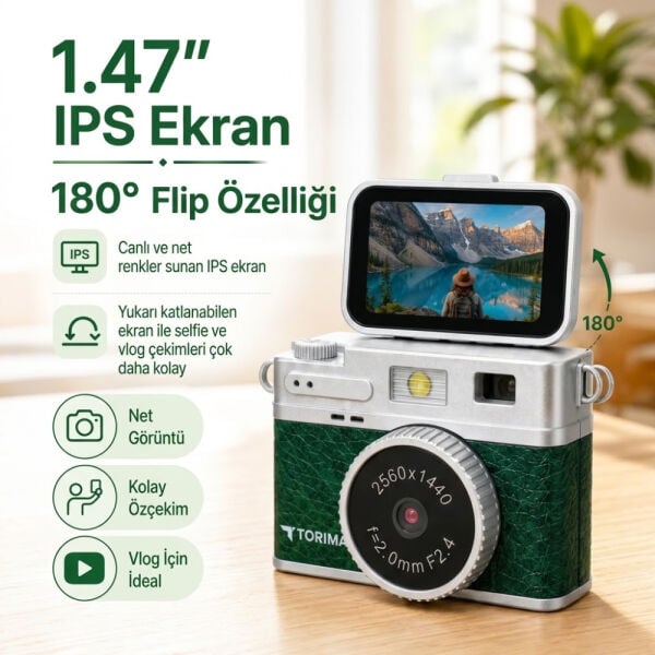 Mini Dijital Kamera 2K Flip Ekranlı Selfie Video Vlog Kamerası - CMR49 - Torima
