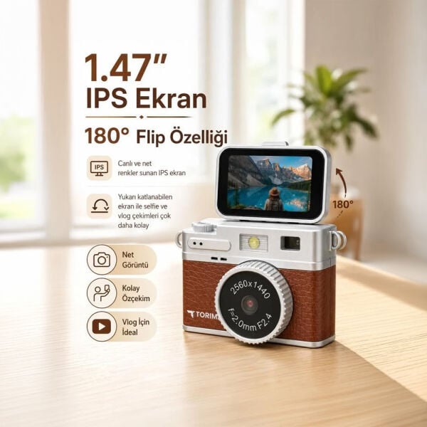 Mini Dijital Kamera 2K Flip Ekranlı Selfie Video Vlog Kamerası - CMR49 - Torima