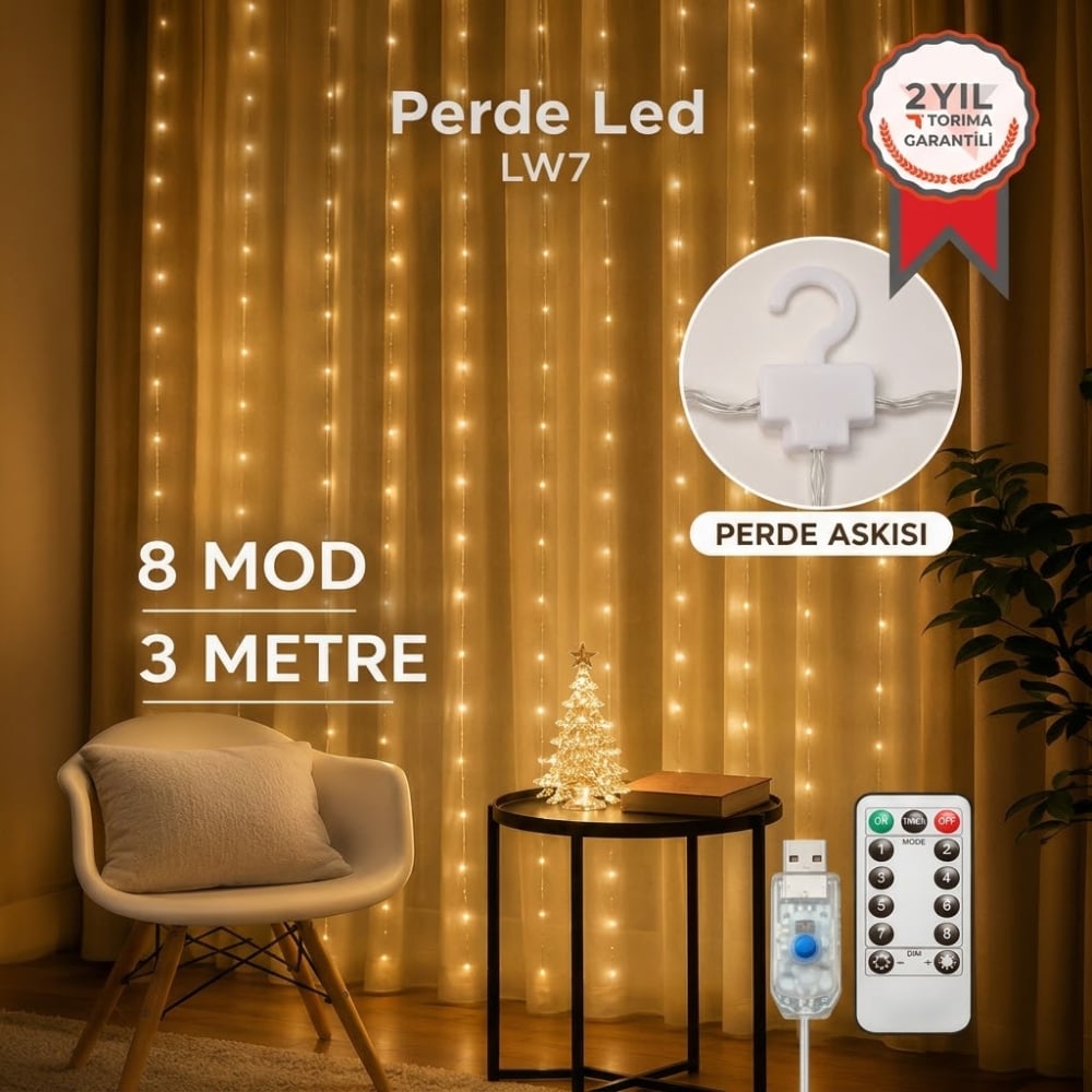 Perde Led Işık 300 Led 10 Sarkıt 8 Mod Uzaktan Kumandalı 3x3 Metre Peri Telli - LW-7 - Torima