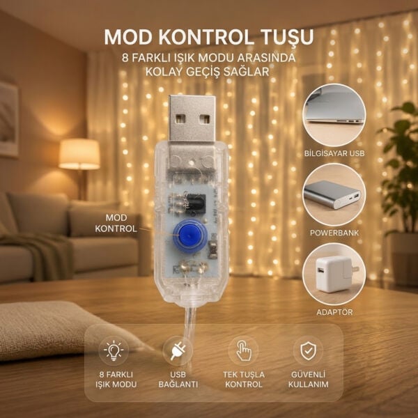 Perde Led Işık 300 Led 10 Sarkıt 8 Mod Uzaktan Kumandalı 3x3 Metre Peri Telli - LW-7 - Torima