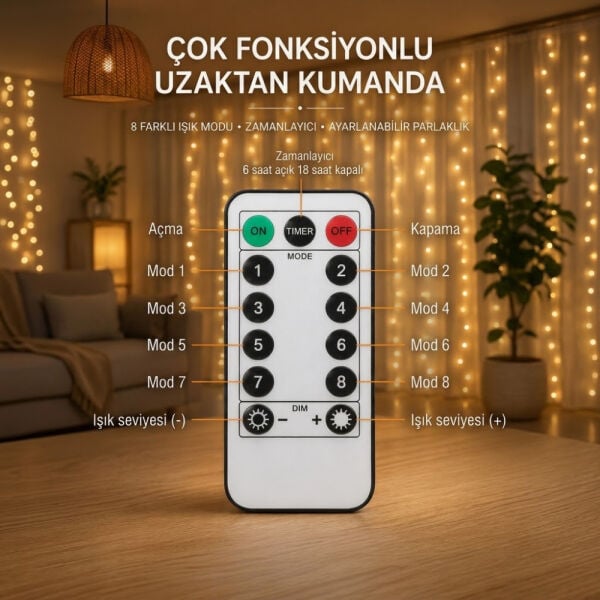 Perde Led Işık 300 Led 10 Sarkıt 8 Mod Uzaktan Kumandalı 3x3 Metre Peri Telli - LW-7 - Torima