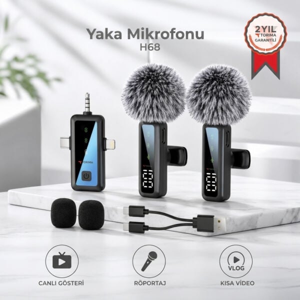 Yaka Mikrofonu Type-C Lightning Aux 2 Adet 3IN1 Kablosuz Mikrofon - H68 - Torima