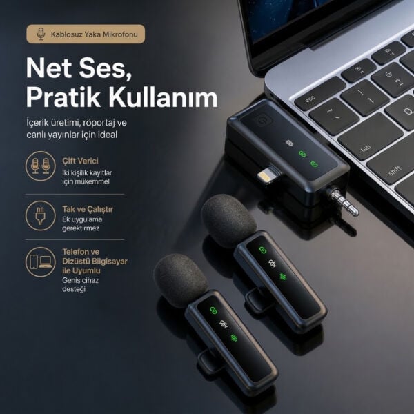 Yaka Mikrofonu Type-C Lightning Aux 2 Adet 3IN1 Kablosuz Mikrofon - H68 - Torima
