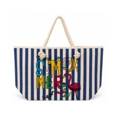 Summer Baskı Çizgili Plaj Çantası - 54x48
