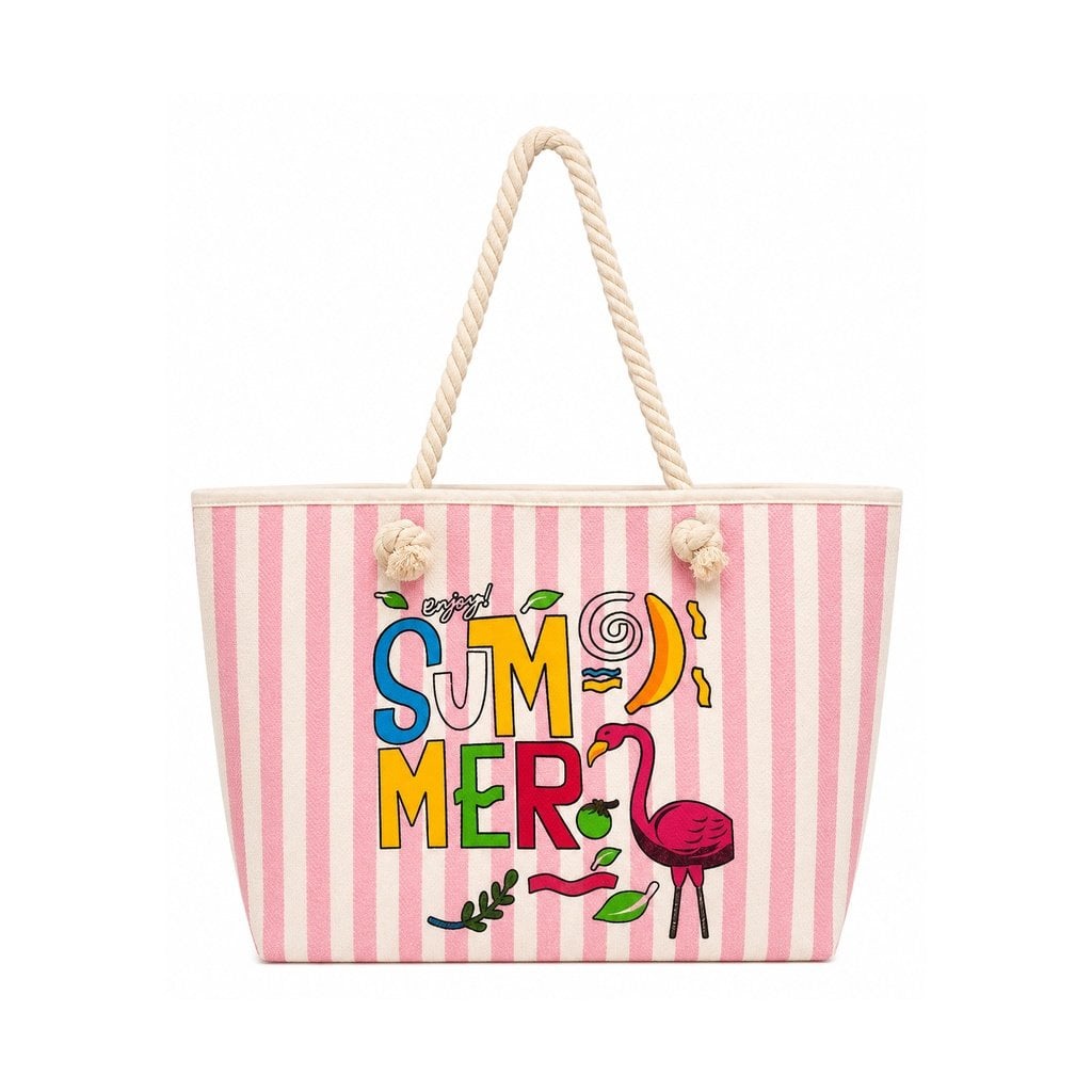 Summer Baskı Çizgili Plaj Çantası - 54x48 Pembe
