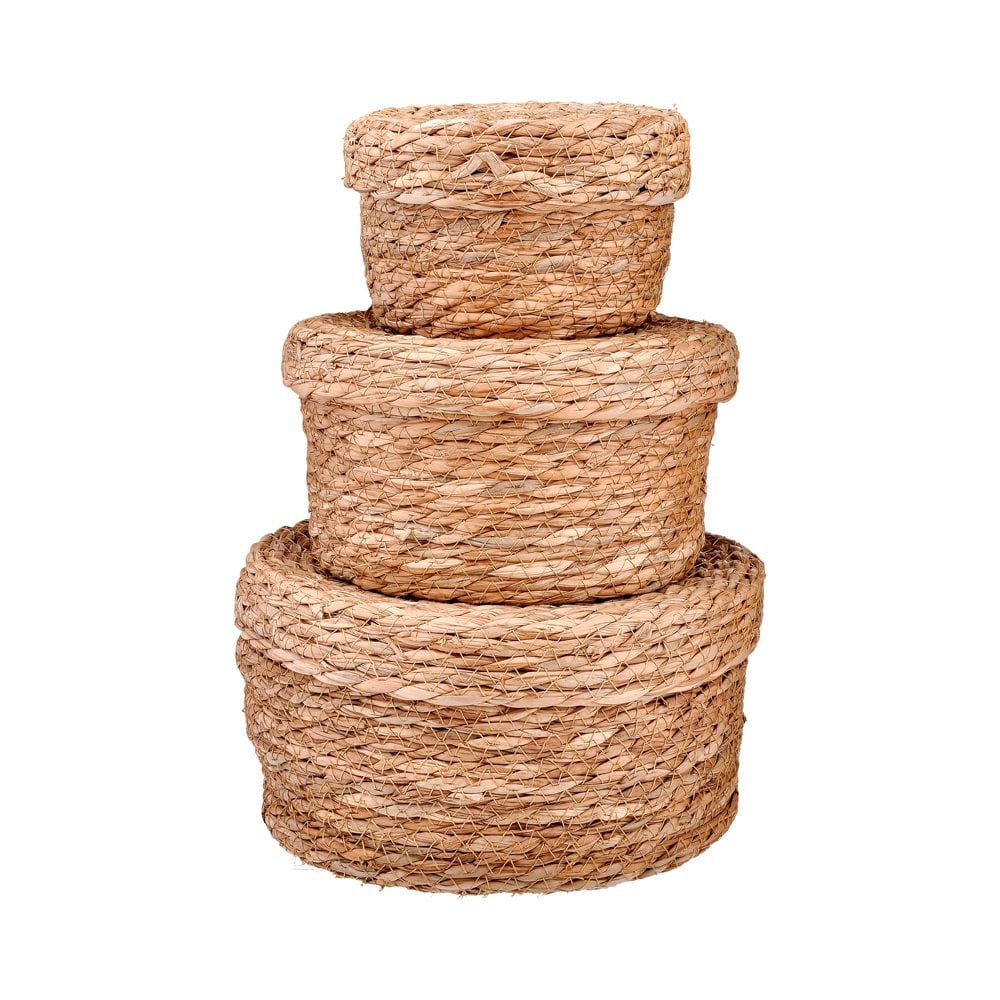 3'lü Kapaklı Oval Hasır Sepet - 27x27x15